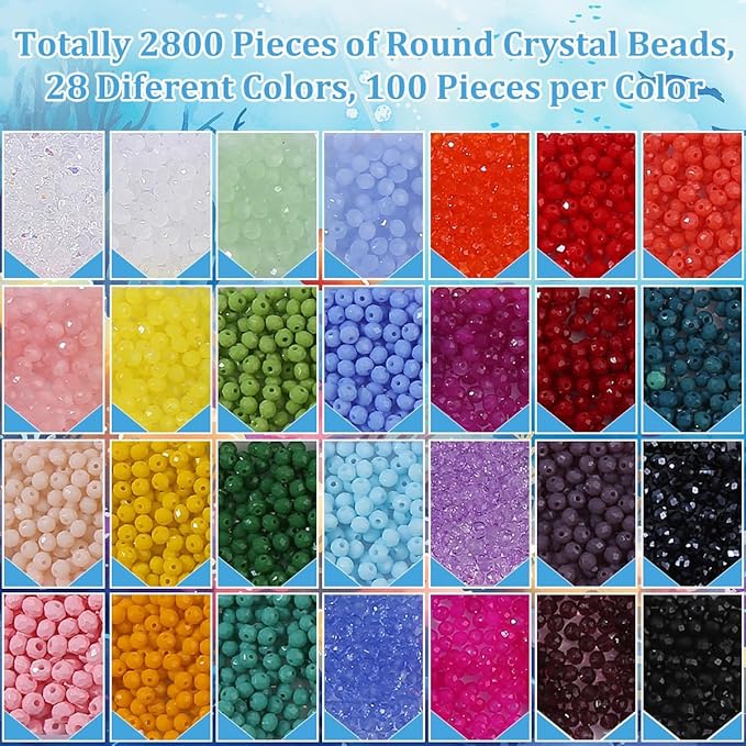 sanendin 2800pcs Crystal Beads Jewelry Making Kit -28 Colors 3mm Crystal Glass Beads for Bracelets Making Kit, AB Colored Crystal Glass Beads Bracelet Necklace Making Kit DIY Crafts for Adults Woman