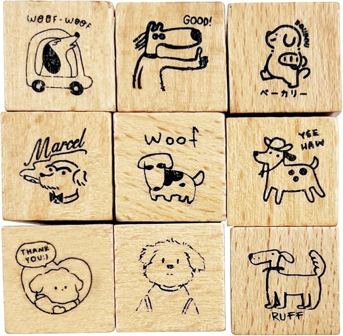 9pcs Cute Dog Wooden Rubber Stamps Kit,Small Emoticon Theme Stamps for Decorative Diary Planner DIY Craft Scrapbook Card Making Letters Journal
