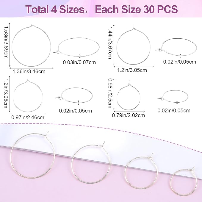 OIIKI 120PCS Earring Hoops, Beading, 4 Sizes, Silver Plated, Open, Round, for DIY Jewelry Crafts