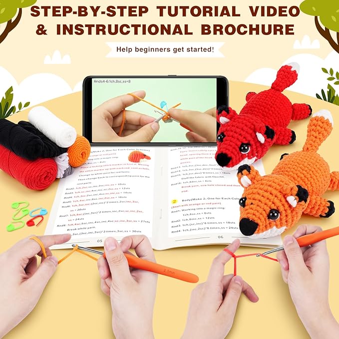fortuning's jds crochet kit for beginners - 2 pcs fox crochet kits with step-by-step video tutorials, beginner crochet kit for adults, crochet animal kit, crochet fox set