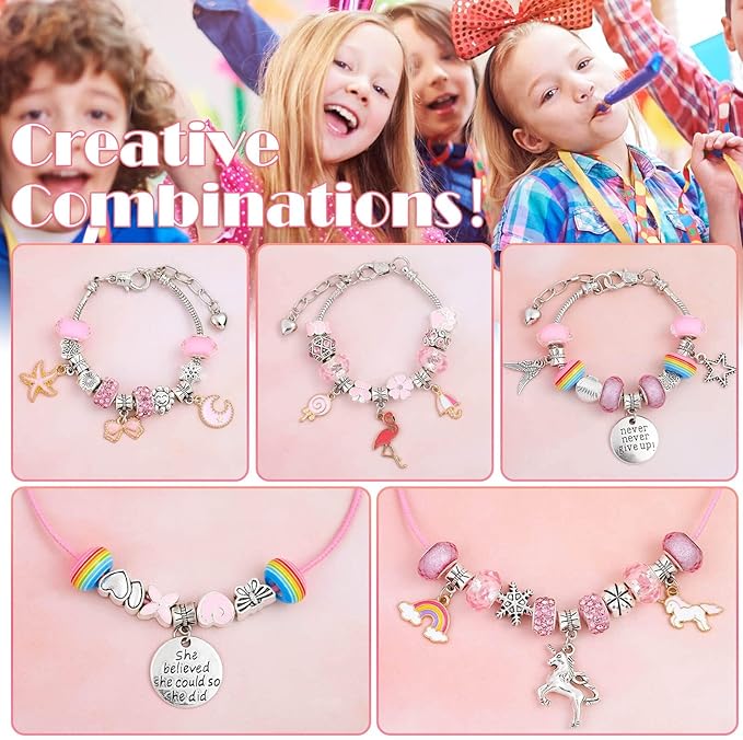 Flasoo DIY Charm Bracelet Making Kit, Jewelry Kit with Unicorn Mermaid Pink Stuff Craft Gifts for Birthday, Christmas, New Year