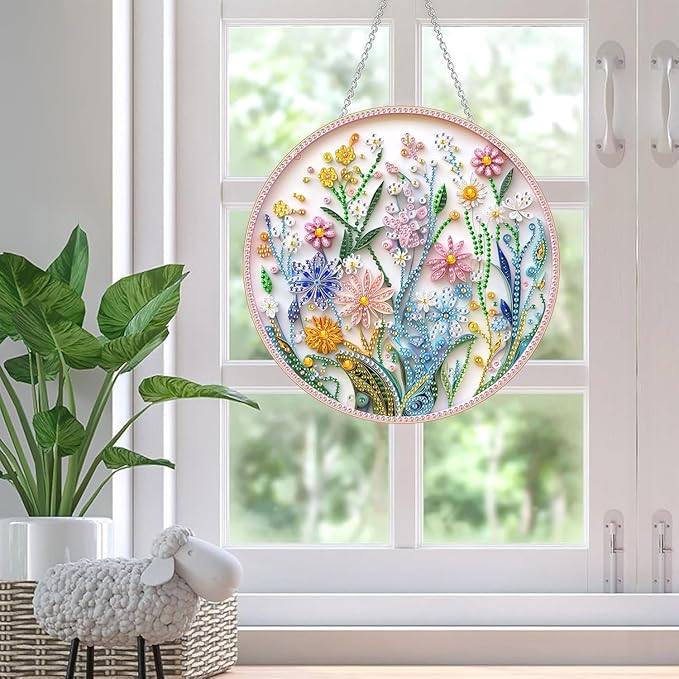 SKRYUIE Hanging Diamond Art Kits for Adults Pendant Flower, Special Shaped Crystal DIY Diamond Painting Kit, Acrylic Board Wreath Pendants Double Sided, Home Decor 7.48 x 7.32 Inch c3
