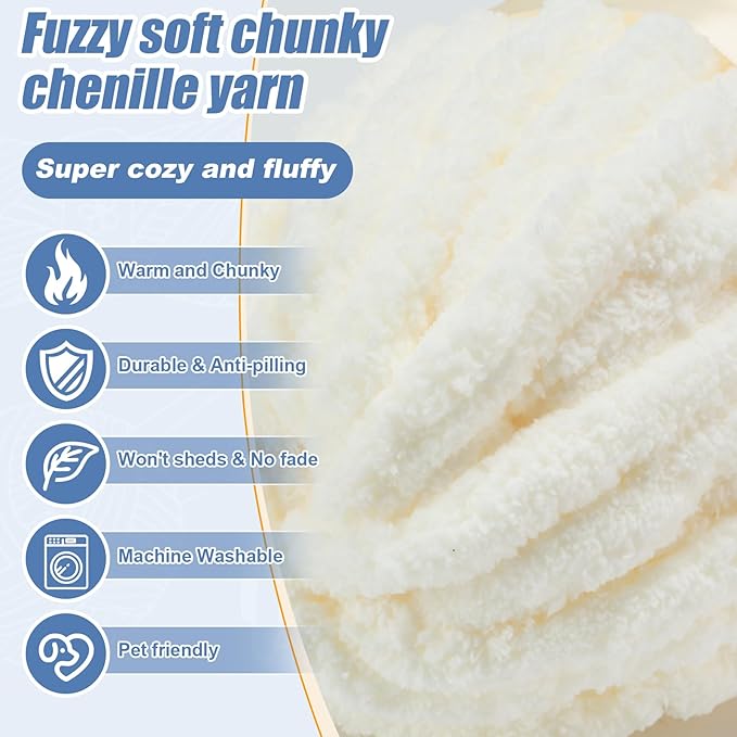 Chunky Yarn for Hand Knitting, Jumbo Chunky Yarn for Crocheting, Chunky Chenille Yarn, 1 Pack (32 yds 8.5 oz Each Skein),#7, Cream