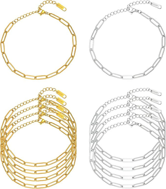 Swyabi 10 PCS Paperclip Chain Bracelet Kit 6.5 Inch Stainless Steel Charm Bulk Bracelets with Extender for DIY Jewelry Making (Gold + Steel）