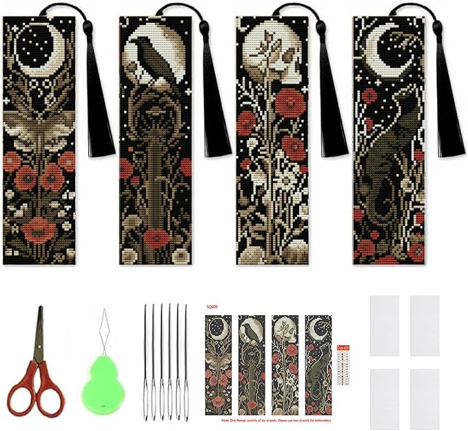 NEGEKFKX 4 Pcs Flower Cross Stitch Bookmark Kit for Adult Beginners,Bohemia Moth Cross Stitch Kits 14 CT DIY Cross Stitch Kits Adult Stamped Bookmark Embroidery Bookmarks Kit