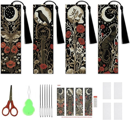 NEGEKFKX 4 Pcs Flower Cross Stitch Bookmark Kit for Adult Beginners,Bohemia Moth Cross Stitch Kits 14 CT DIY Cross Stitch Kits Adult Stamped Bookmark Embroidery Bookmarks Kit