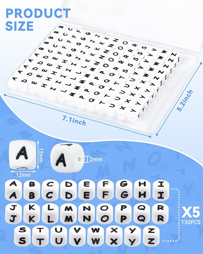 130Pcs FIVEIZERO Silicone Letter Beads, 12mm A-Z Alphabet Beads,Square Bead for Bracelets and Keychains, Large Letter Bead for Necklaces and Lanyards Making（White）