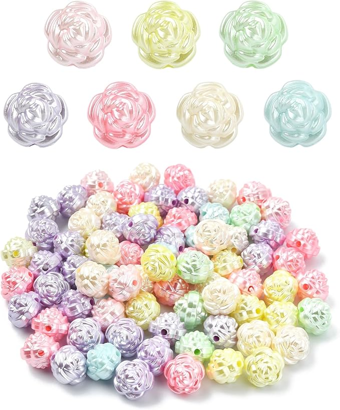 Ipotkitt 100 Pcs Imitation Pearl Acrylic Rose Beads Random Color Spring Flower Beads Valentine Rose Spacer Loose Beads for DIY Jewelry Crafts Supplies Decoration