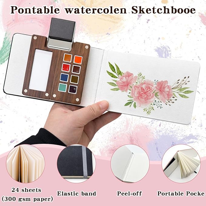 Mini Watercolor Travel Paint Set - 3.7in Mini Watercolor Palette Kit, Pocket Water Color Palette Kit with 18 Colours Paint, Sketchbook, Pens, Wooden Paint Box for Painters Artists Students