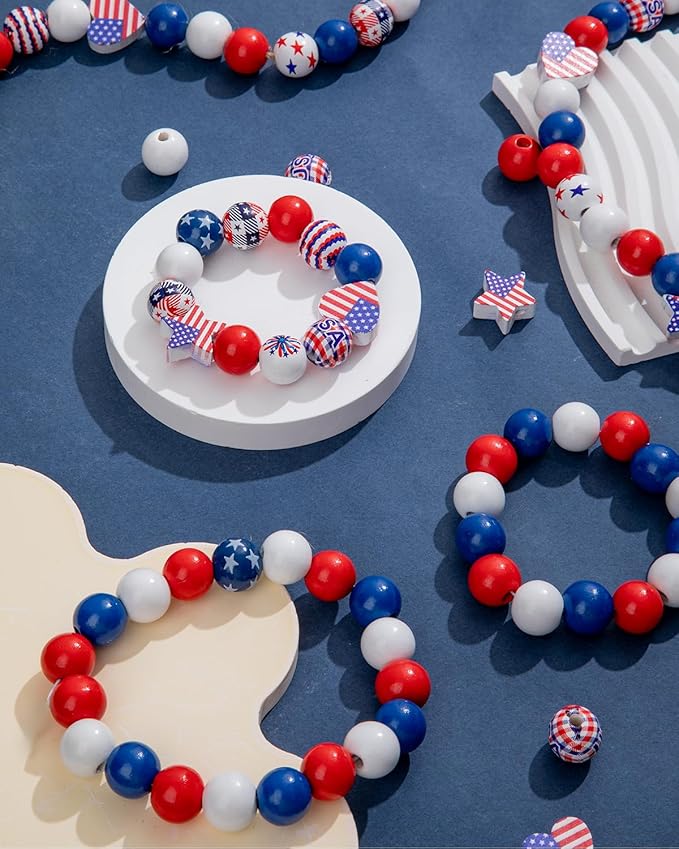 Goldwise 120Pcs 4th of July Wooden Beads Garland, Patriotic Red White Blue Beads for DIY Crafts, Independence Day Wood Beads with American Flag Stars for Bracelets Necklaces Tiered Tray Decor