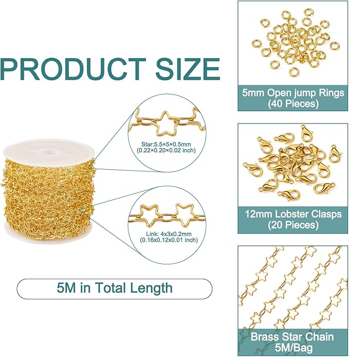 Pandahall 16.4 Feet 14K Gold Plated Star Jewelry Chains Brass Stars Link Chains Gold Soldered Cable Chains Necklace Welded Oval Link Chains & Jump Rings & Clasp for Women Bracelet Jewelry Making