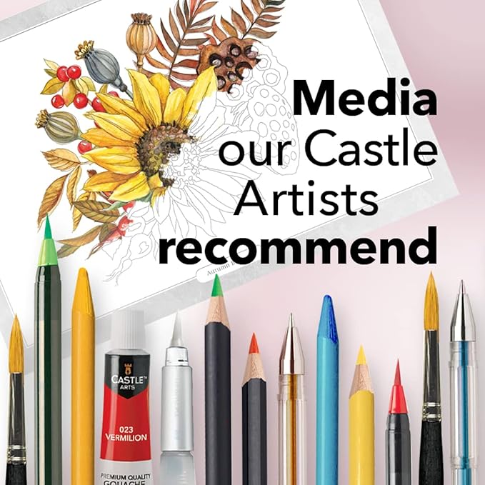 Castle Arts Flowers Colouring Book | 36 Mindfulness-Inspiring Blooms Curated by in-House Artists with Colour Reference Guide | No Show-Thru Artist Grade Paper | Frameable Landscape A4 Size