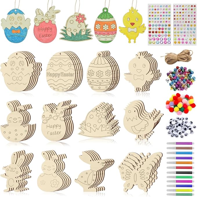 SDTHNT 60 PCS Wooden Easter Ornaments to Paint, 12 Styles DIY Unfinished Wood Crafts Kit with Strings, Colored Bells for Crafts Hanging Decorations, Egg Rabbit Bunny Butterfly Flower Hen Happy Easter