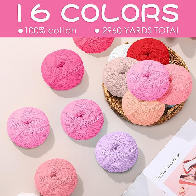 16 Skeins Cotton Yarn for Crocheting Knitting Soft Fine Clothes Cotton Blankets Yarn Bulk Assorted Colors for DIY Craft, Each 50g/185yard, 16 Colors(Pink Series)
