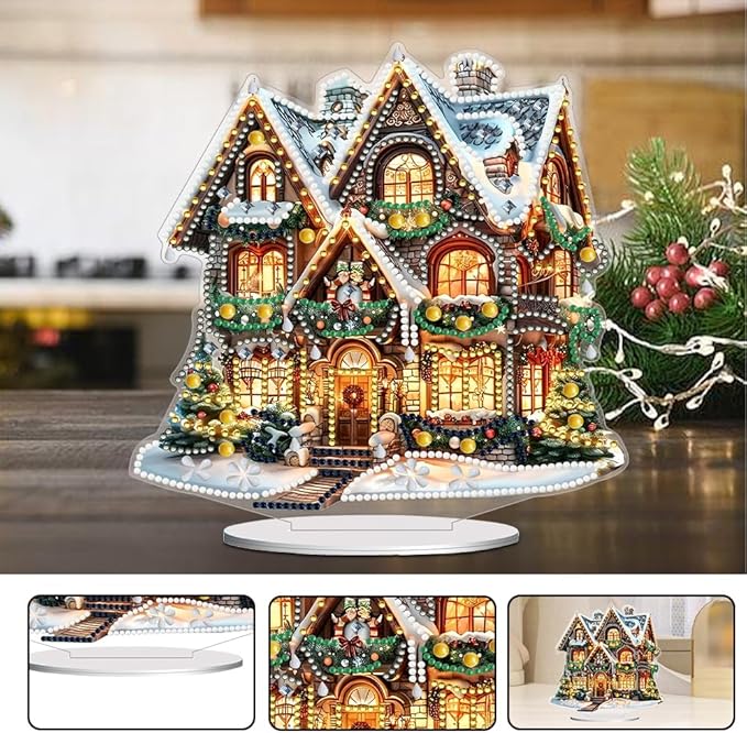 LAKEQUILL Christmas Diamond Art Painting Kits, Tabletop Ornament, Stand Up Diamond Art Desktop Kits House Pattern for Home Office Decor, New Year Gift