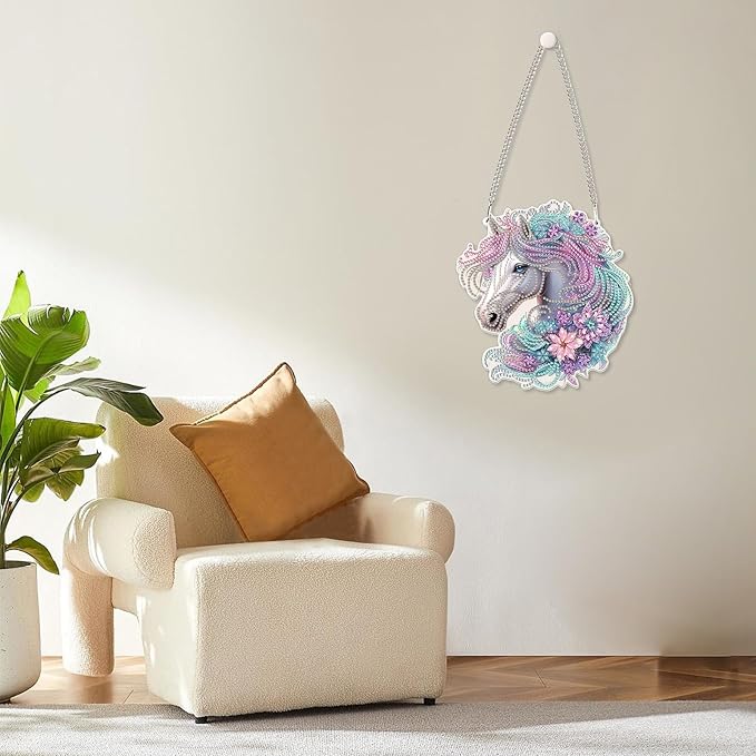 MOGTAA Horse Diamond Art Hanging Pendant Kits, 5D Special Shape Diamond Art Kits for Adults, Crystal Rhinestones Flowers Diamond Painting Gem Art for Home Wall Garden Window Decor