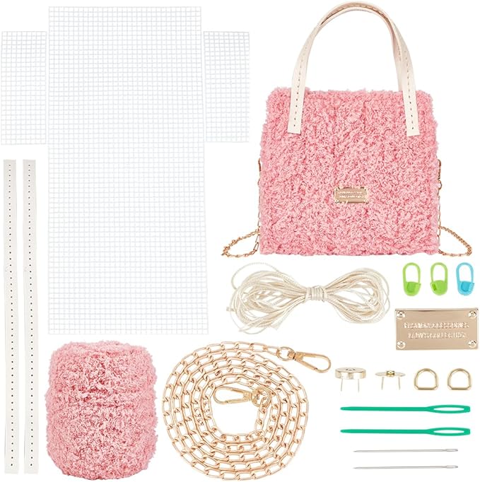 WADORN DIY Knitting Crochet Bag Making Kit, Handmade Woven Tote Bag Making Materials Set Women Shoulder Bag Making Accessories Hand Crafting Yarn Weaving Kit Birthday Christmas Gift, Pink