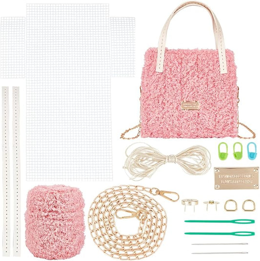 WADORN DIY Knitting Crochet Bag Making Kit, Handmade Woven Tote Bag Making Materials Set Women Shoulder Bag Making Accessories Hand Crafting Yarn Weaving Kit Birthday Christmas Gift, Pink