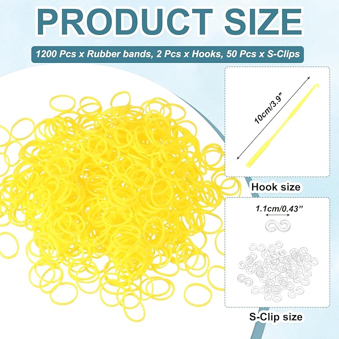 MECCANIXITY 1200 Pcs Loom Rubber Bands Kit with 50 Pcs S-Clips 2-Hooks Rubber Bands Refill Bracelet Making Kits for Weaving DIY Handcrafts Gift, Yellow
