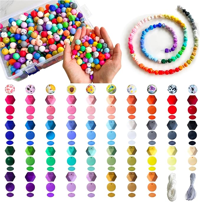 630pcs Silicone Beads for Keychain Making, 12mm 15mm Round 14mm Polygonal Bead 48 Colors Bulk Rubber Loose Beads for DIY Pens Necklace Bracelet Jewelry Making Kit