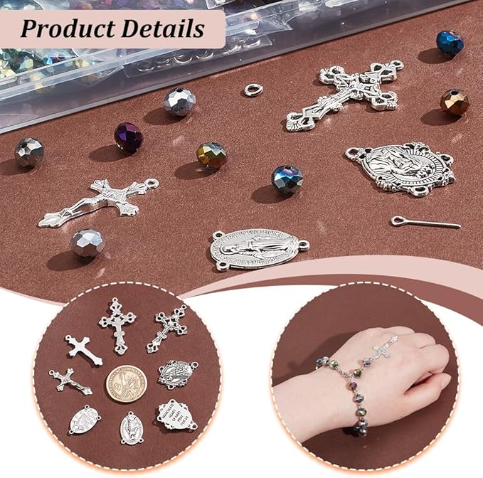 PH PandaHall Rosary Jewelry Making Kit 1064pcs Easter Necklace Making Set Rosary Prayer Making Supplies First Communion Necklace Set Cross Beads Kit for Ramadan Bracelet Necklaces Jewelry Making
