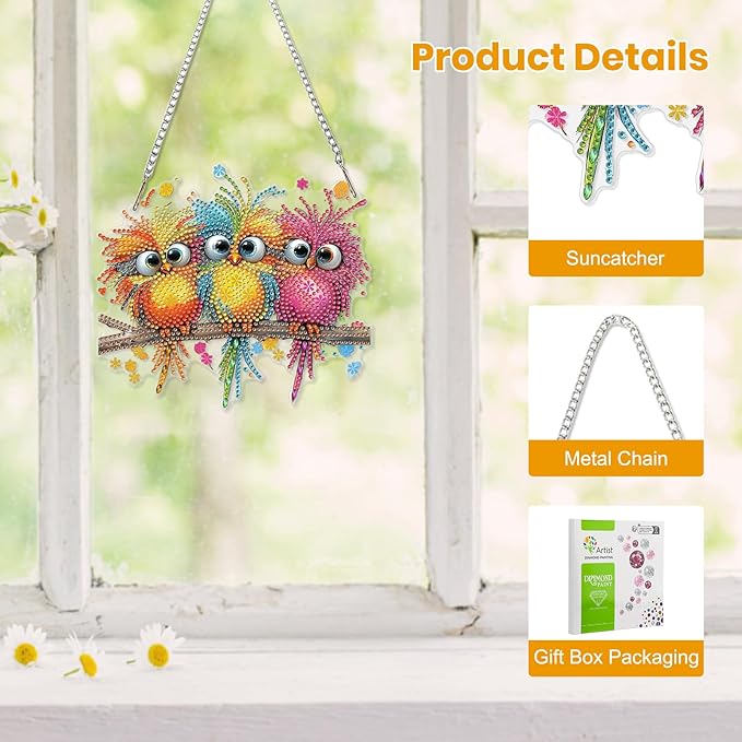 EOBROMD Diamond Hanging Art Kits for Adults, Funny Bird Suncatcher Diamond Art Painting, DIY Special Shaped Rhinestone Kits for Adults, Window Pendants Home Garden Wall Hanging Ornament