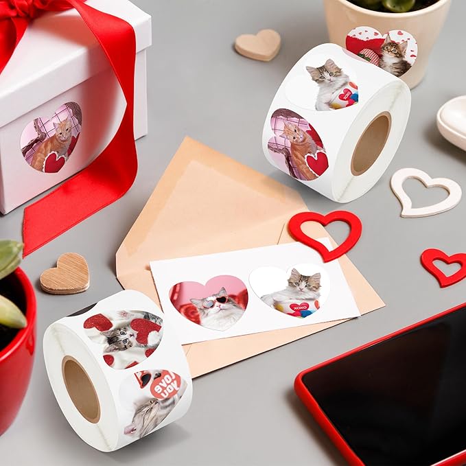 beyumi valentine realistic cat sticker - 1000pcs valentine's day realistic cat stickers in 2 rolls for kids valentine animal heart waterproof decal greeting card envelope scrapbooking party gift decor