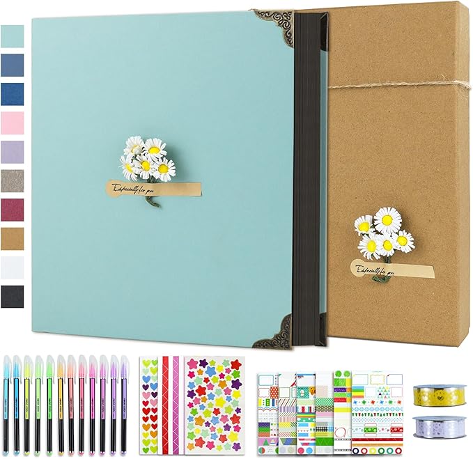 Vienrose DIY Scrapbook Photo Album Kit with Pens Tapes and Stickers 60 Pages Hardcover 12x12 Inches 3 Rings Removable Black Paper Scrapbooking for Lover Friends Kids Wedding Green