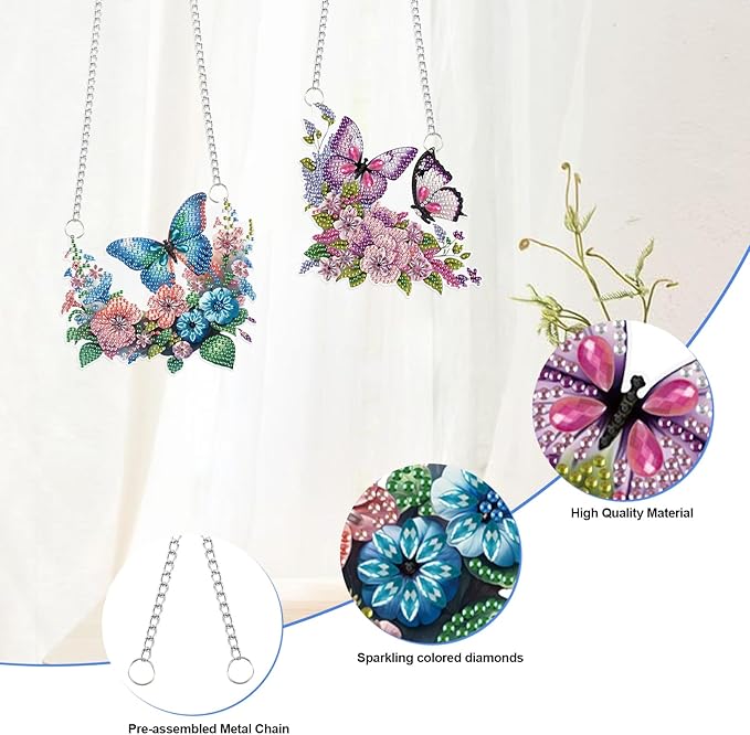 2 Pcs 5D DIY Diamond Painting Butterfly Hanging Ornaments, Acrylic Floral Diamond Art Suncatchers, Special Shape Diamond Art Hanging Kits for Window or Wall Decor