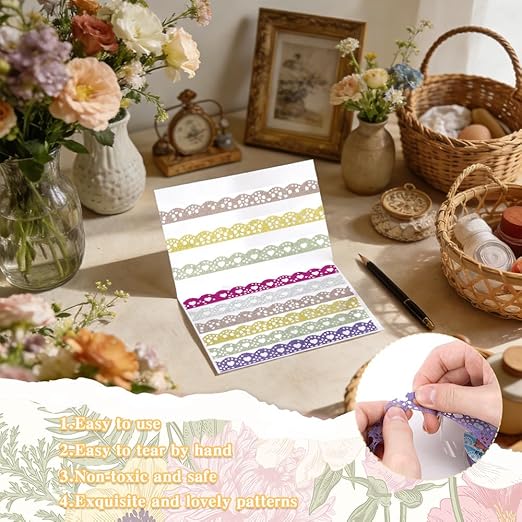 Washi Tape Set 6 Rolls Lace Washi Tape Self-Adhesive Lace Pattern Tape Cute Scrapbook Paper Tape Decorative Tape for Scrapbook Journal DIY Craft Scrapbooking Journal Supplies Gift Wrapping