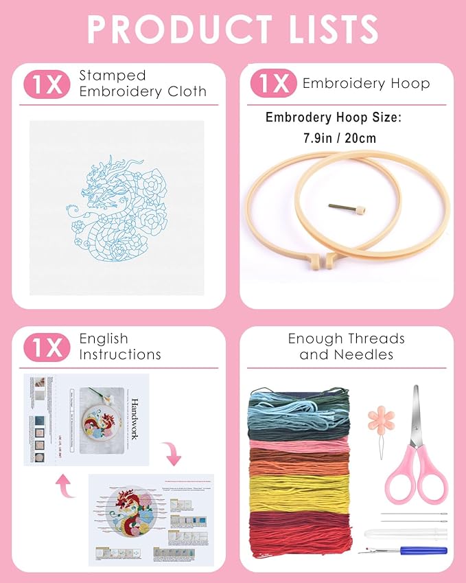 TINDTOP Embroidery Kit for Beginners Adult, Dragon Embroidery Kit for Beginners Include Embroidery Cloth Hoops Threads for Craft Lover Hand Stitch with Embroidery Skill Techniques