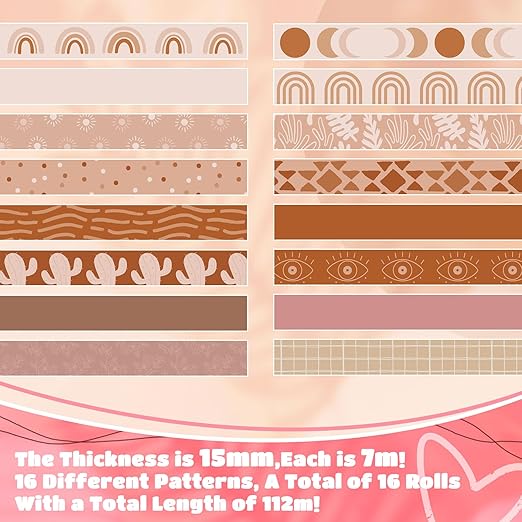 Henoyso 16 Rolls Cute Washi Tape Set Pastel Decorative Tape 15 mm Wide 7 Meters Long Washi Tape Stickers Cute Tape Bulk for Arts DIY Crafts Journal Supplies Planners Scrapbook Gift Wrap(Boho Style)