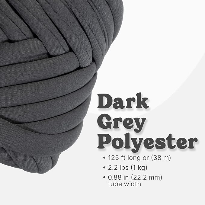 Light Weight Ultra Soft 2.2 LBS (1 kg) Chunky Yarn for Hand Knitting, Lush Polyester Fabric Tube Yarn to Make Handbags, Pillows, Blankets, Crafts (Dark Grey)