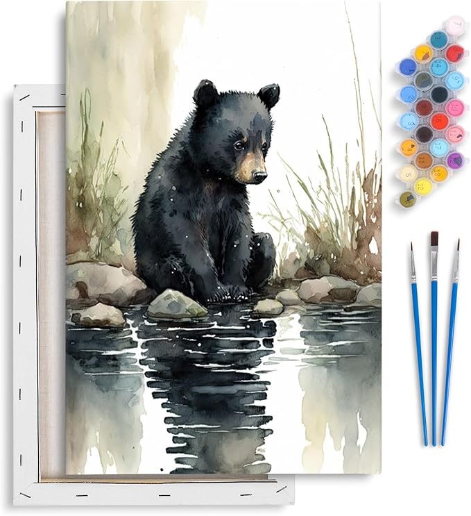 Yezavesu Framed Paint by Numbers Kit for Adults Beginner & Kids Ages 8-12, Bear Paint by Numbers with Frame, DIY Watercolor Number Painting for Adults Bear for Home Wall Decor Gift 8X 12 inch