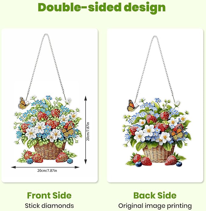 MXJSUA Strawberries Flowers Diamond Painting Art Window Suncatchers, Diamond Art Kits for Adults Hanging Ornaments with Chain, 5D Special Shape Crystal Diamond Pendant Accessories for Decor Gift