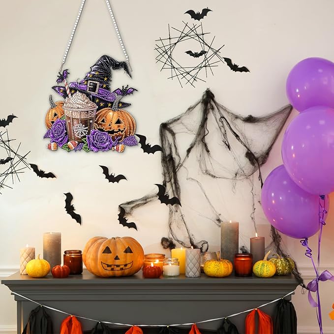 RICUVED Diamond Art Hanging Kit for Adult, Halloween Special Shaped Crystal Gem Craft Diamond Painting Pendant Kits for Adults Beginners, Pumpkin DIY Hanging Art Ornament Kit for Home Garden