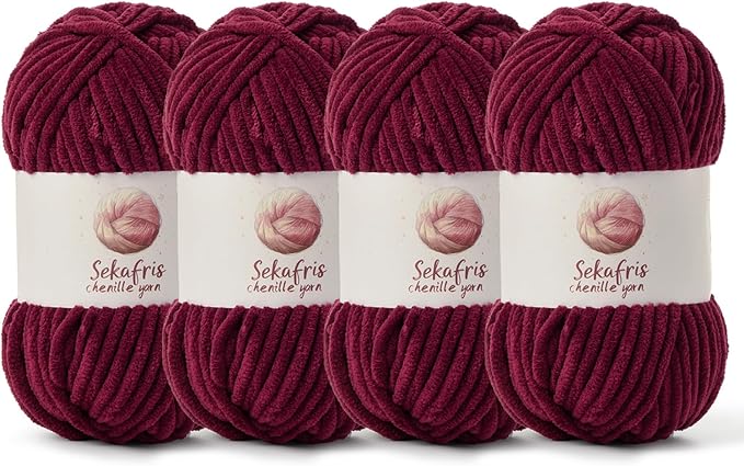 4 Pack Chunky Chenille Yarn for Crocheting, Baby Yarn for Crocheting Soft Blanket, 349.9 yds /14.1 oz Crochet Yarn, Bulky 5 Amigurumi Yarns, Fluffy Velvet Yarns for Knitting Crafts (4 Burgundy)