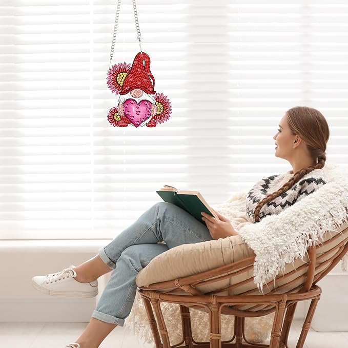 AiYuanzsh Love Gnome Diamond Painting Hanging Ornament, DIY 5D Diamond Art Pendant with Heart and Flowers, Special-Shaped Diamond Kit for Valentine's Day or Romantic Home Decoration