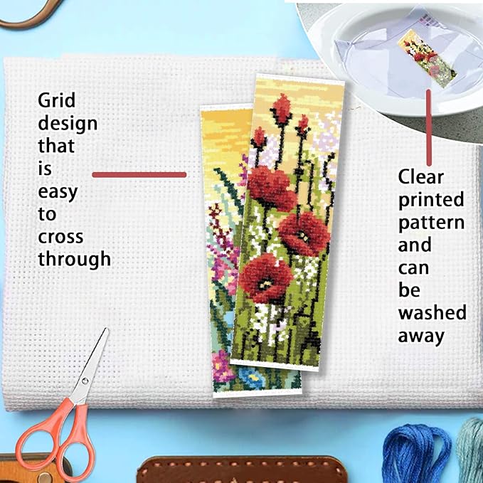 FREEBLOSS 6 Set Cross Stitch Bookmark Kit Wild Flowers Pattern Stamped Cross Stitch Kit 11CT Embroidery Kits with Instructions for Beginners Adult 20x6cm/8x2.4inch