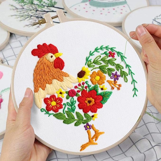 louise maelys embroidery kit canvas tote bag for beginners,cross stitch kits for adults,diy needlepoint include rooster and flower pattern,women shopping reusable grocery bags