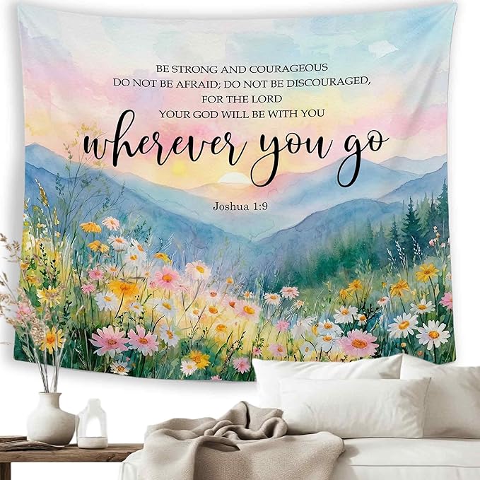 MNASAIOO Christian Wildflower Mountian Wall Tapestry Hanging for Bedroom, Bible Verse Scripture Joshua 1:9 Tapestries,Watercolor Spring Colorful Landscape Wall Decor for Living Prayer Room 50x60in