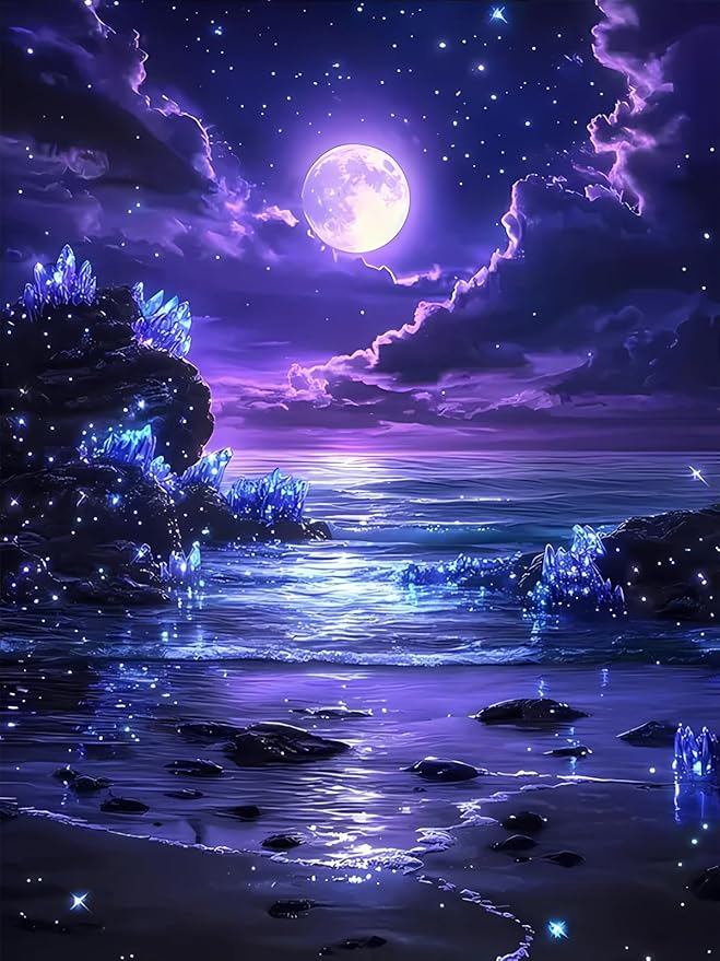 Purple Moon in Beach Diamond Art Kits for Adults, Landscape Beach Diamond Painting for Beginners, Diamond Dot, 5D Dimond Art Paintings Kit, Gem Painting Kit, Crystal Home Wall Decor Gifts (12x16inch)