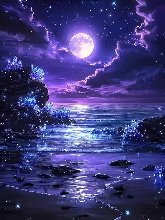Purple Moon in Beach Diamond Art Kits for Adults, Landscape Beach Diamond Painting for Beginners, Diamond Dot, 5D Dimond Art Paintings Kit, Gem Painting Kit, Crystal Home Wall Decor Gifts (12x16inch)
