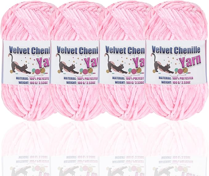 4 * 100g Fluffy Velvet Chenille Yarn for Crocheting and Knitting, Handcrafts Weaving Soft Chenille Yarn for Crocheting Clearance, Used for Making Baby Yarn Blanket, Clothes, DIY Craft (Pink)