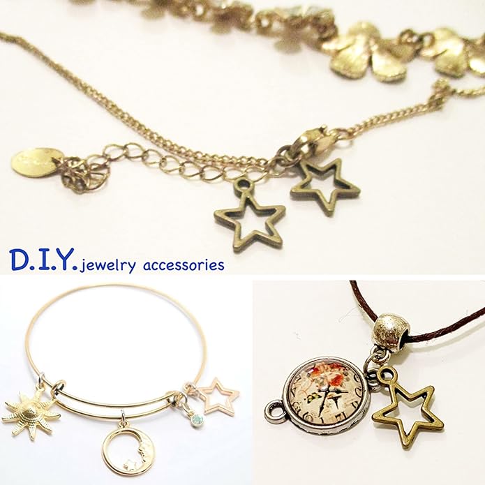 Heather's cf Celestial Beads Moon Charms Pendant Jewelry Making Earrings Necklace Bracelet Kit Findings Jump Rings Lobster Clasp Vintage Finish Plated Non Tarnish Look (Silver Star, 79-150Pcs)