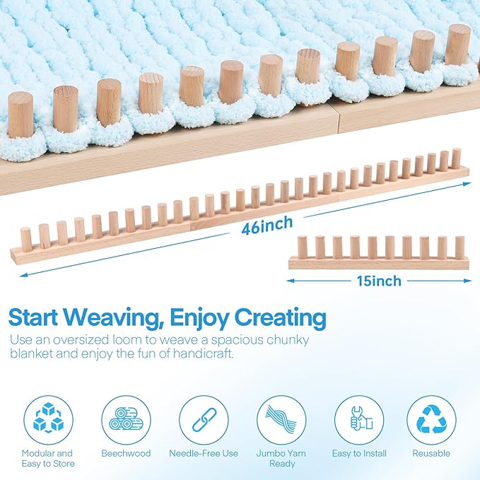 cenoz 46" Beechwood Chunky Knitting Blanket Loom Kit - Adjustable Size Hand Knitting Loom for DIY Throw Chunky Yarn Blankets Scarves Rugs, No Needles Required, Blanket Loom Gift for Beginners Starter