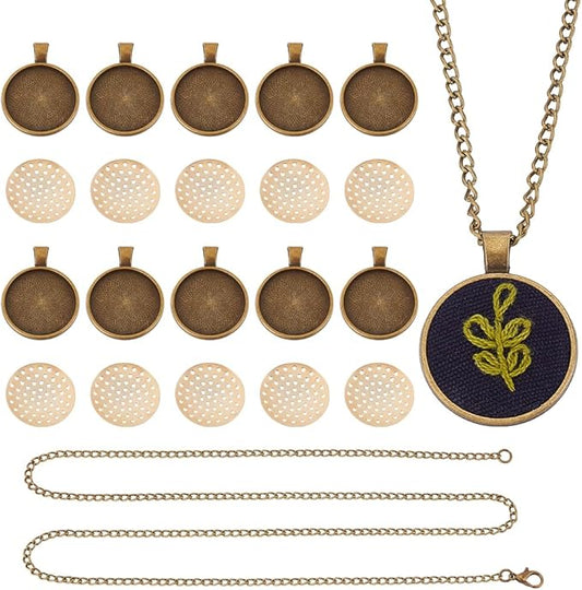 GOMAKERER 10 Sets Round Bezel Pendant Trays, 1 Inch Pendant Blank Frame for Embroidery Alloy Tray Charms Bulk DIY Jewelry Making Kit for Necklace DIY and Crafts Projects, Antique Bronze