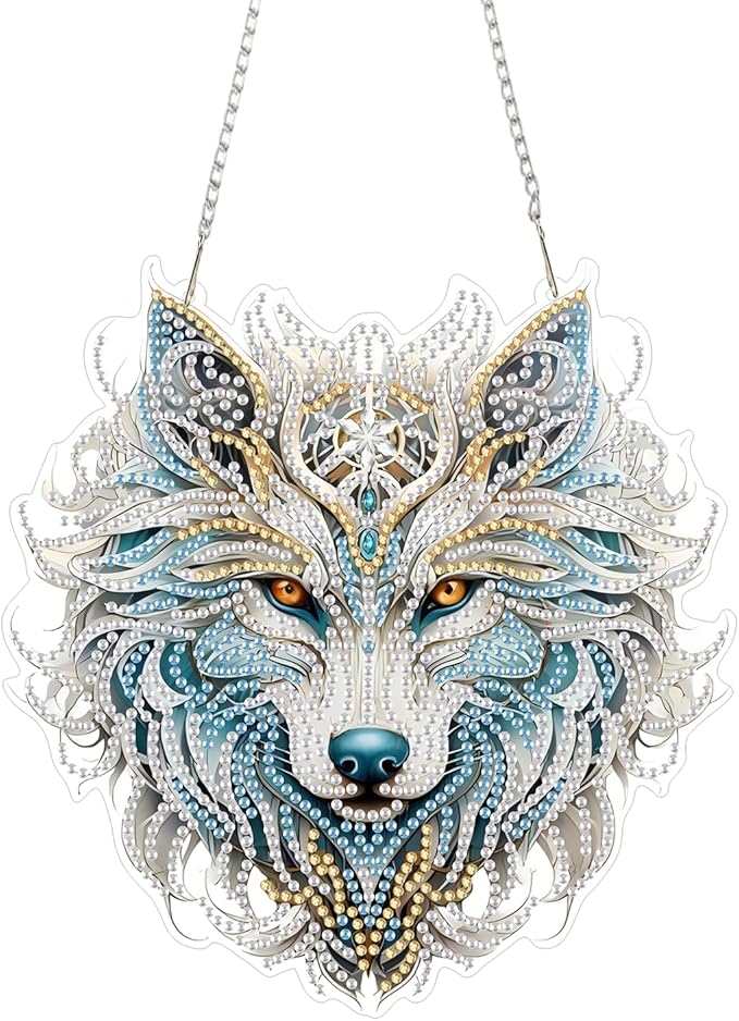 RYMILIE Diamond Art Hanging Kits for Adults,Wolf Special Shaped Diamond Painting,Double Sided 5D DIY Acrylic Diamond Art Painting Window Pendants Home Garden Wall Hanging Kits Wolf Ornament.
