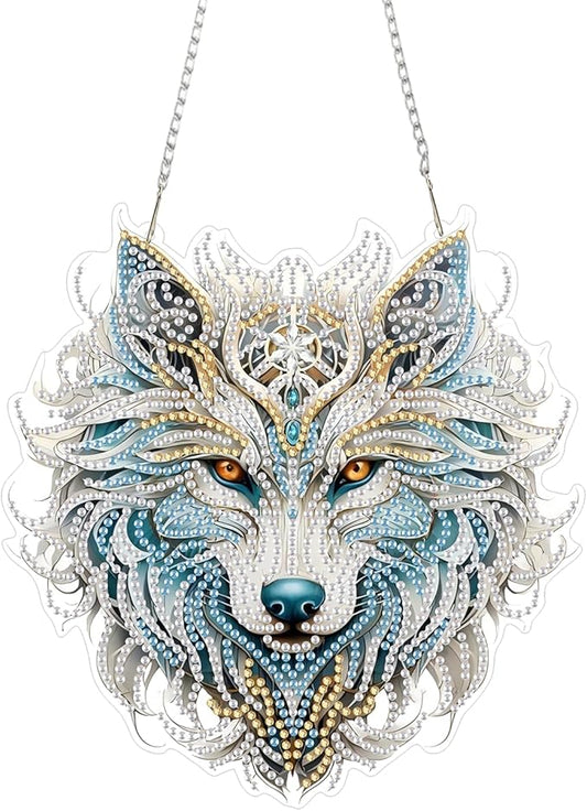RYMILIE Diamond Art Hanging Kits for Adults,Wolf Special Shaped Diamond Painting,Double Sided 5D DIY Acrylic Diamond Art Painting Window Pendants Home Garden Wall Hanging Kits Wolf Ornament.