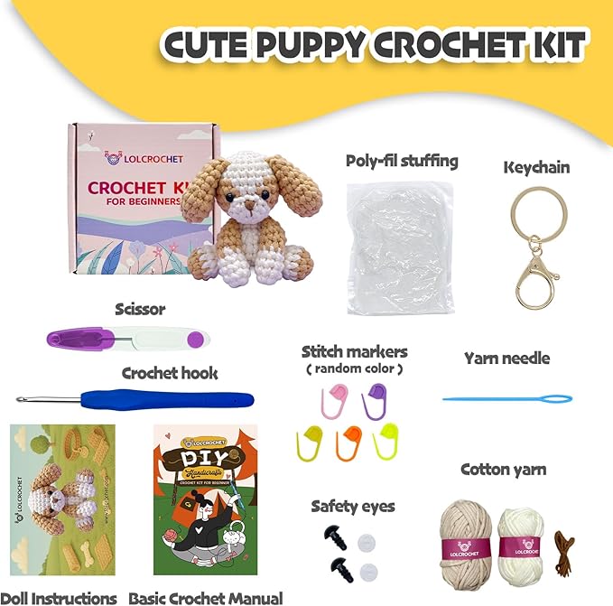Cute Puppy Crochet Kit for Beginners, Learn to Crochet Animal Starter Set with Video Tutorial & Crocheting Manual, Easy Yarn Knitting Kit for Adult, Stuffed Dog Craft Doll Xmas Gift
